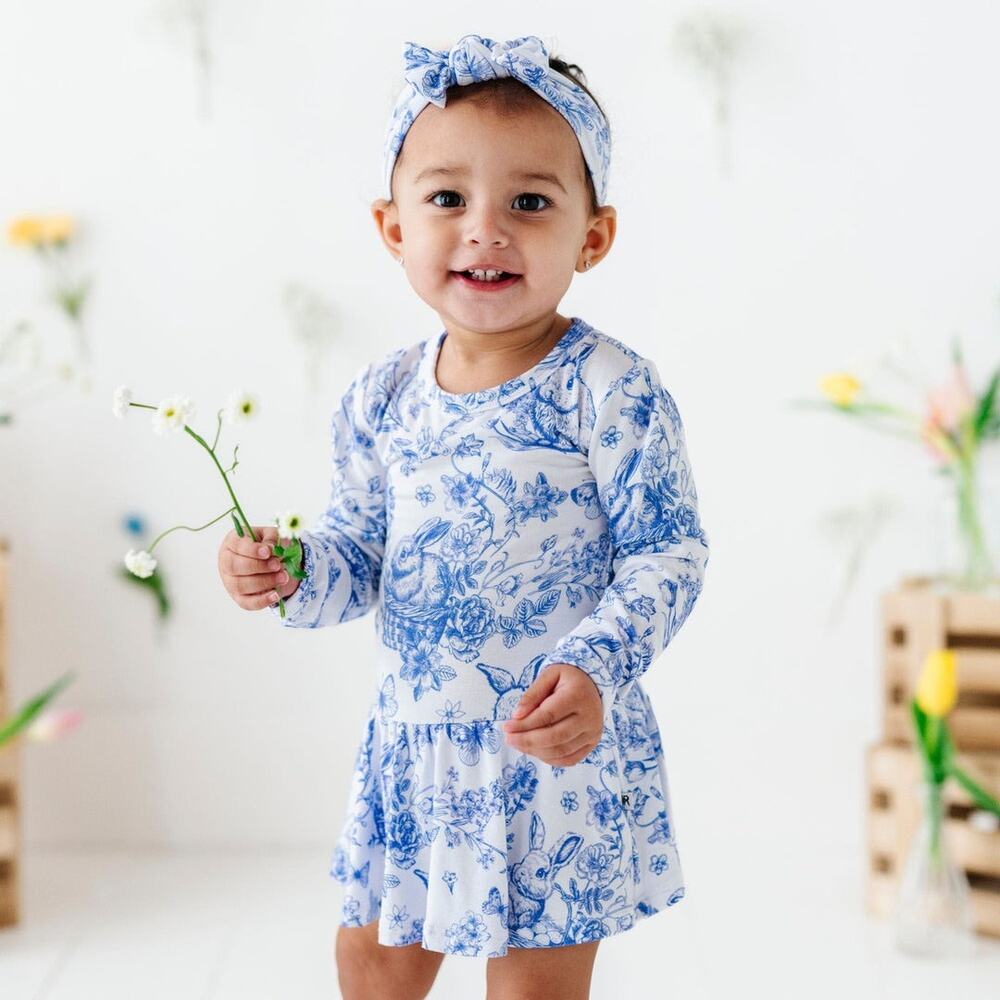 Bums & Roses Bunny Bamboo Ruffle Dress 3T Hoppy You’re Here Blue Toile